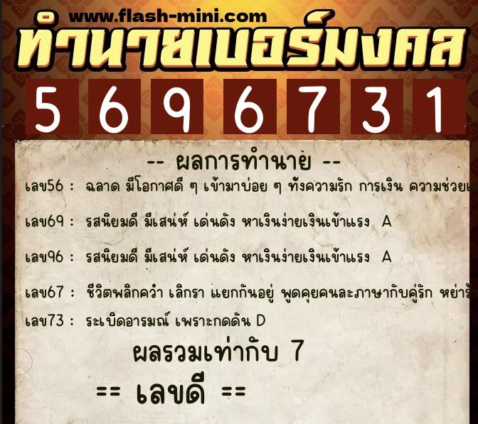 ทำนายเบอร์มงคล 0XX-5696731  ทำนายเบอร์มงคล หมายเลข 064-569673 