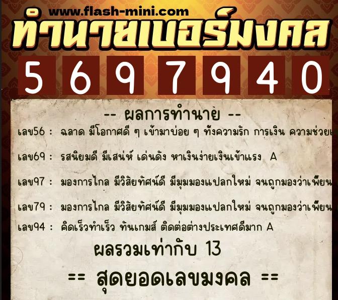 ทำนายเบอร์มงคล 0XX-5697940  ทำนายเบอร์มงคล หมายเลข 086-569794 