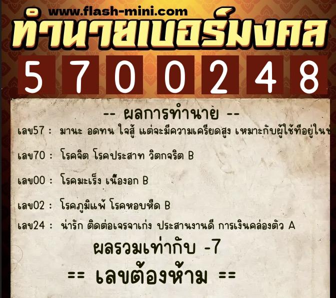 ทำนายเบอร์มงคล 0XX-5700248  ทำนายเบอร์มงคล หมายเลข 064-570024 