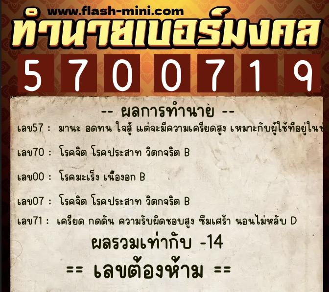 ทำนายเบอร์มงคล 0XX-5700719  ทำนายเบอร์มงคล หมายเลข 090-570071 