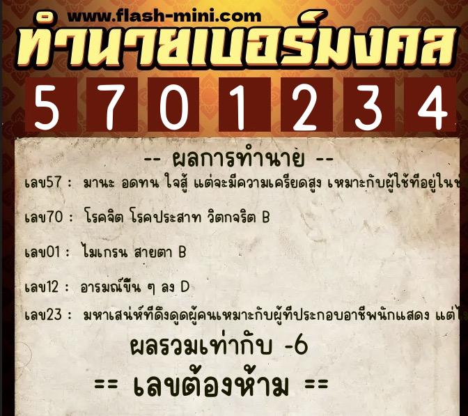 ทำนายเบอร์มงคล 0XX-5701234  ทำนายเบอร์มงคล หมายเลข 060-570123 