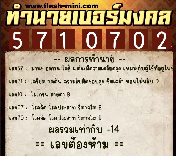 ทำนายเบอร์มงคล 0XX-5710702  ทำนายเบอร์มงคล หมายเลข 095-571070 