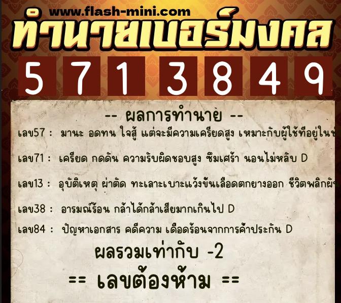 ทำนายเบอร์มงคล 0XX-5713849  ทำนายเบอร์มงคล หมายเลข 068-571384 