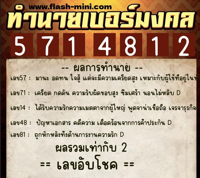 ทำนายเบอร์มงคล 0XX-5714812  ทำนายเบอร์มงคล หมายเลข 096-571481 