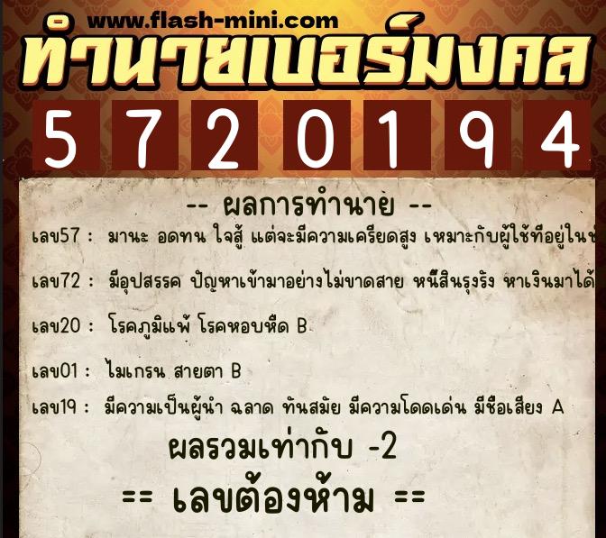 ทำนายเบอร์มงคล 0XX-5720194  ทำนายเบอร์มงคล หมายเลข 087-572019 