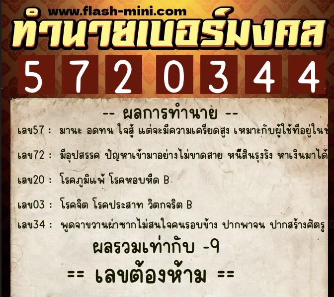ทำนายเบอร์มงคล 0XX-5720344  ทำนายเบอร์มงคล หมายเลข 098-572034 