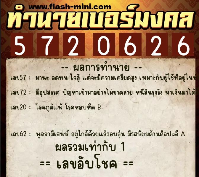 ทำนายเบอร์มงคล 0XX-5720626  ทำนายเบอร์มงคล หมายเลข 064-572062 