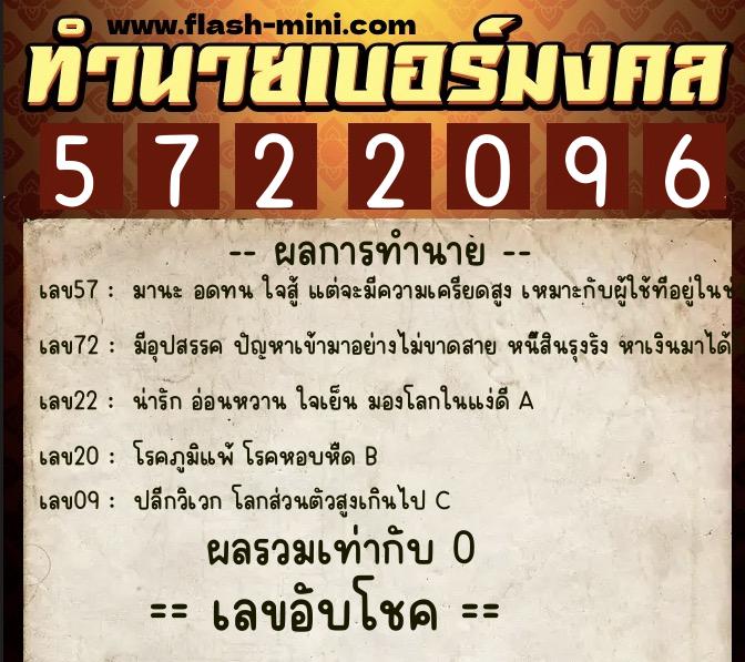 ทำนายเบอร์มงคล 0XX-5722096  ทำนายเบอร์มงคล หมายเลข 080-572209 