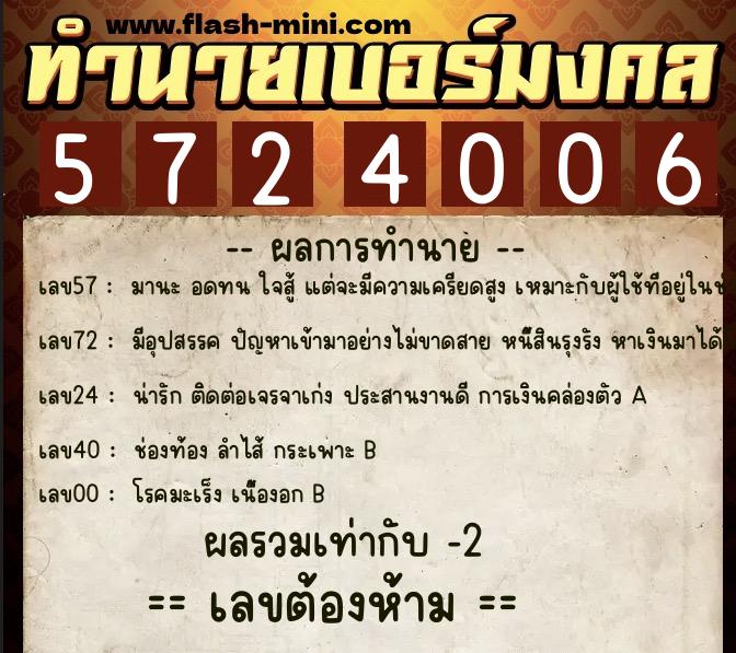 ทำนายเบอร์มงคล 0XX-5724006  ทำนายเบอร์มงคล หมายเลข 063-572400 
