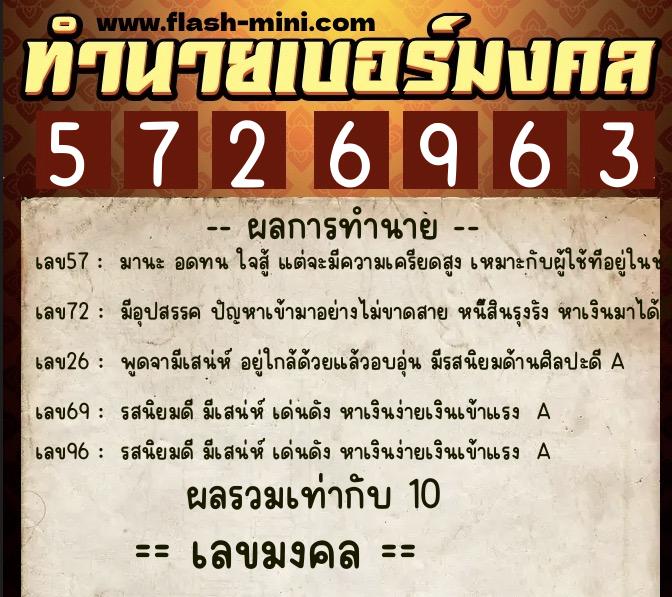 ทำนายเบอร์มงคล 0XX-5726963  ทำนายเบอร์มงคล หมายเลข 089-572696 