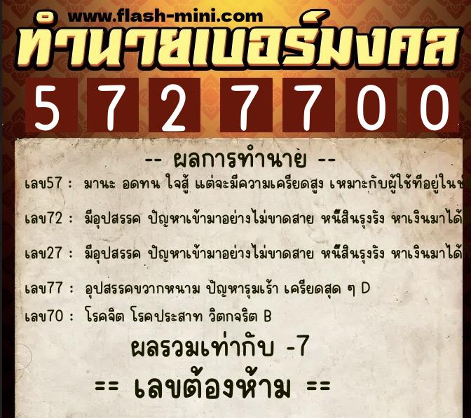 ทำนายเบอร์มงคล 0XX-5727700  ทำนายเบอร์มงคล หมายเลข 087-572770 