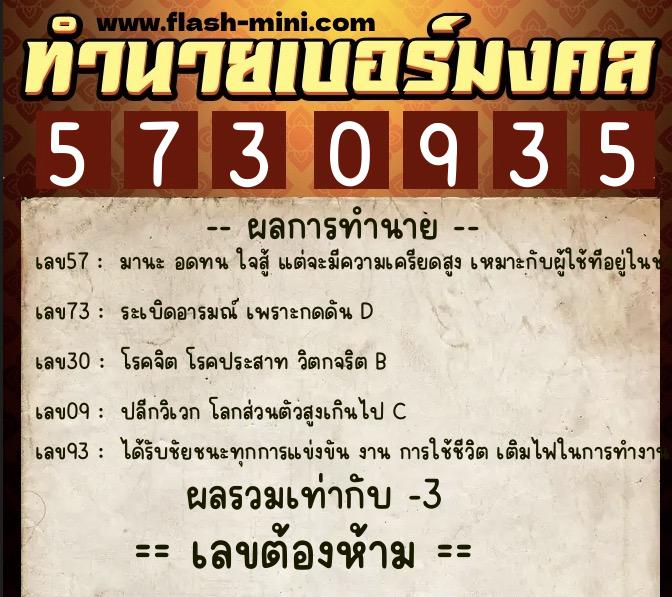 ทำนายเบอร์มงคล 0XX-5730935  ทำนายเบอร์มงคล หมายเลข 066-573093 