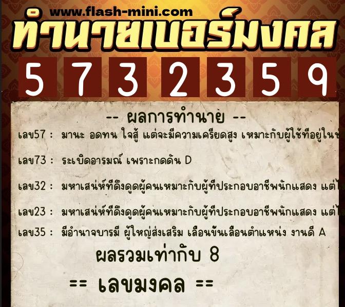 ทำนายเบอร์มงคล 0XX-5732359  ทำนายเบอร์มงคล หมายเลข 098-573235 