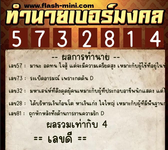 ทำนายเบอร์มงคล 0XX-5732814  ทำนายเบอร์มงคล หมายเลข 086-573281 
