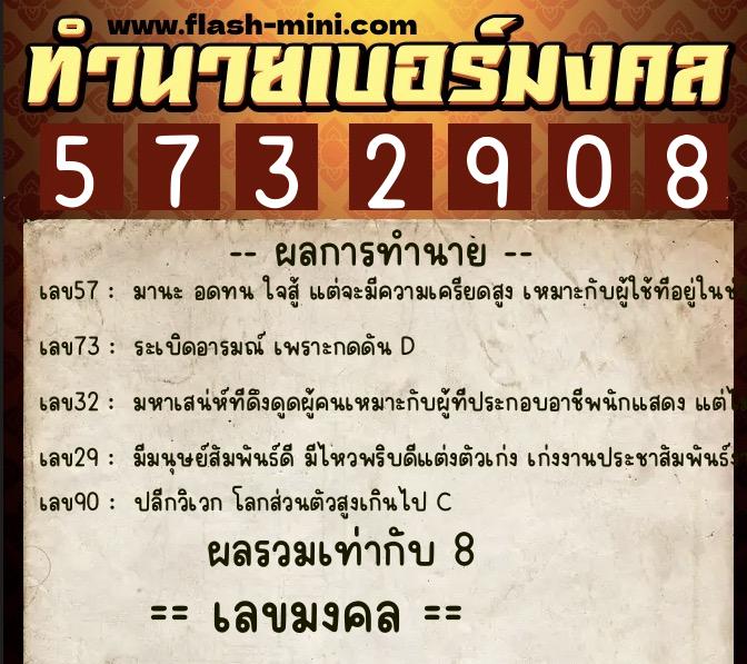 ทำนายเบอร์มงคล 0XX-5732908  ทำนายเบอร์มงคล หมายเลข 095-573290 