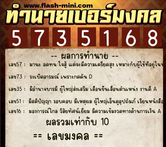 ทำนายเบอร์มงคล 0XX-5735168  ทำนายเบอร์มงคล หมายเลข 082-573516 