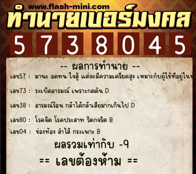 ทำนายเบอร์มงคล 0XX-5738045  ทำนายเบอร์มงคล หมายเลข 064-573804 