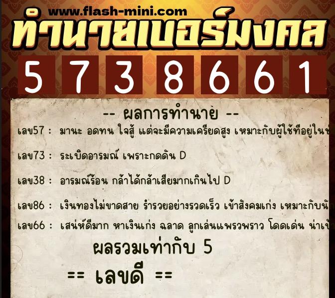 ทำนายเบอร์มงคล 0XX-5738661  ทำนายเบอร์มงคล หมายเลข 096-573866 