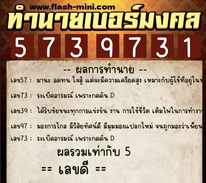 ทำนายเบอร์มงคล 0XX-5739731  ทำนายเบอร์มงคล หมายเลข 061-573973 