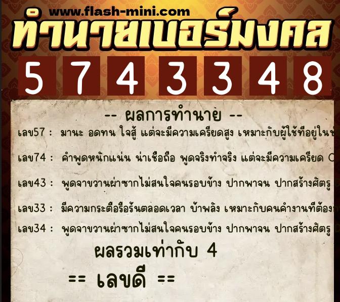 ทำนายเบอร์มงคล 0XX-5743348  ทำนายเบอร์มงคล หมายเลข 095-574334 