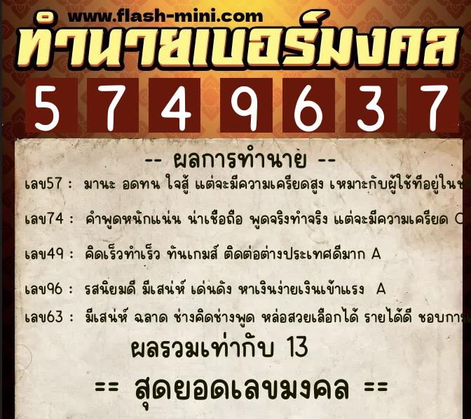 ทำนายเบอร์มงคล 0XX-5749637  ทำนายเบอร์มงคล หมายเลข 081-574963 