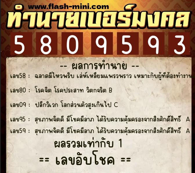 ทำนายเบอร์มงคล 0XX-5809593  ทำนายเบอร์มงคล หมายเลข 091-580959 