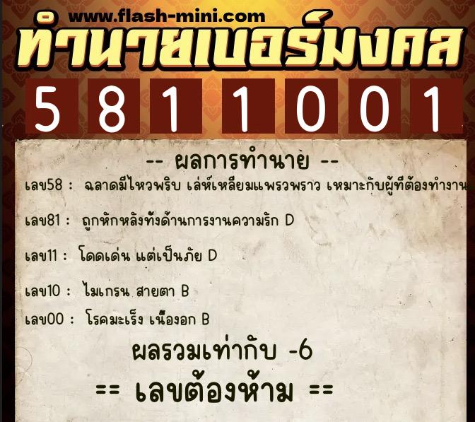 ทำนายเบอร์มงคล 0XX-5811001  ทำนายเบอร์มงคล หมายเลข 060-581100 