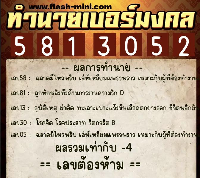 ทำนายเบอร์มงคล 0XX-5813052  ทำนายเบอร์มงคล หมายเลข 061-581305 