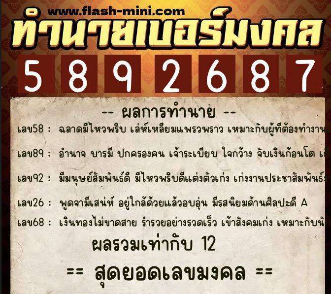 ทำนายเบอร์มงคล 0XX-5892687  ทำนายเบอร์มงคล หมายเลข 096-589268 