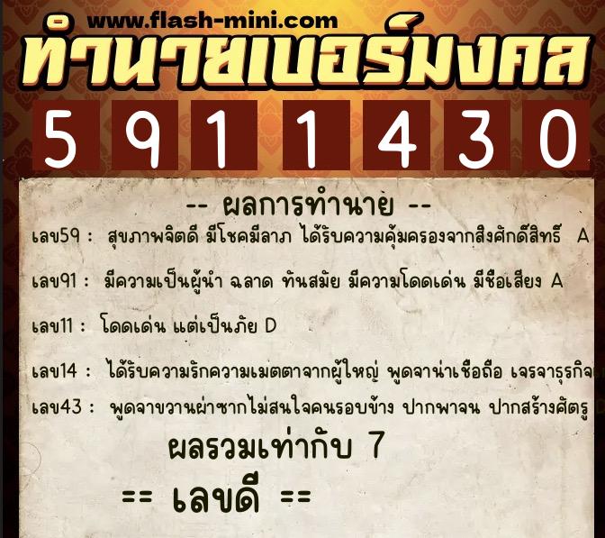 ทำนายเบอร์มงคล 0XX-5911430  ทำนายเบอร์มงคล หมายเลข 068-591143 