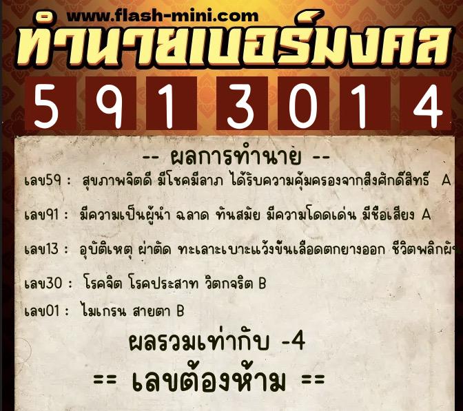 ทำนายเบอร์มงคล 0XX-5913014  ทำนายเบอร์มงคล หมายเลข 063-591301 