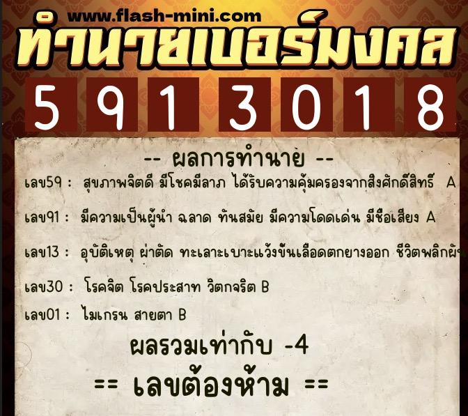 ทำนายเบอร์มงคล 0XX-5913018  ทำนายเบอร์มงคล หมายเลข 062-591301 