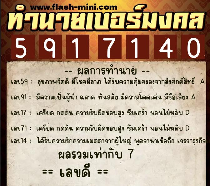 ทำนายเบอร์มงคล 0XX-5917140  ทำนายเบอร์มงคล หมายเลข 066-591714 
