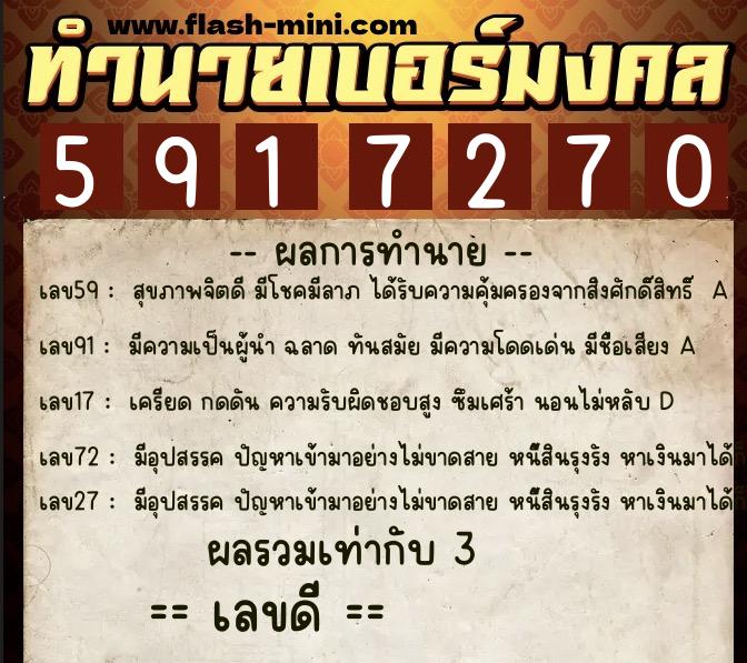 ทำนายเบอร์มงคล 0XX-5917270  ทำนายเบอร์มงคล หมายเลข 082-591727 