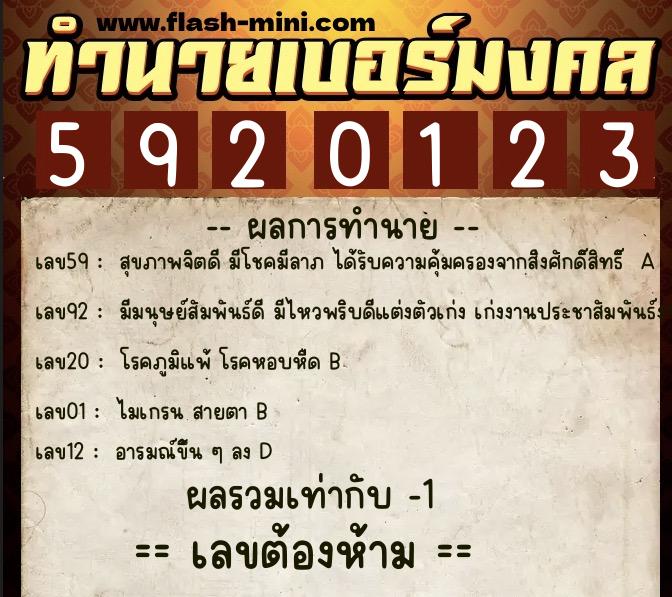 ทำนายเบอร์มงคล 0XX-5920123  ทำนายเบอร์มงคล หมายเลข 082-592012 
