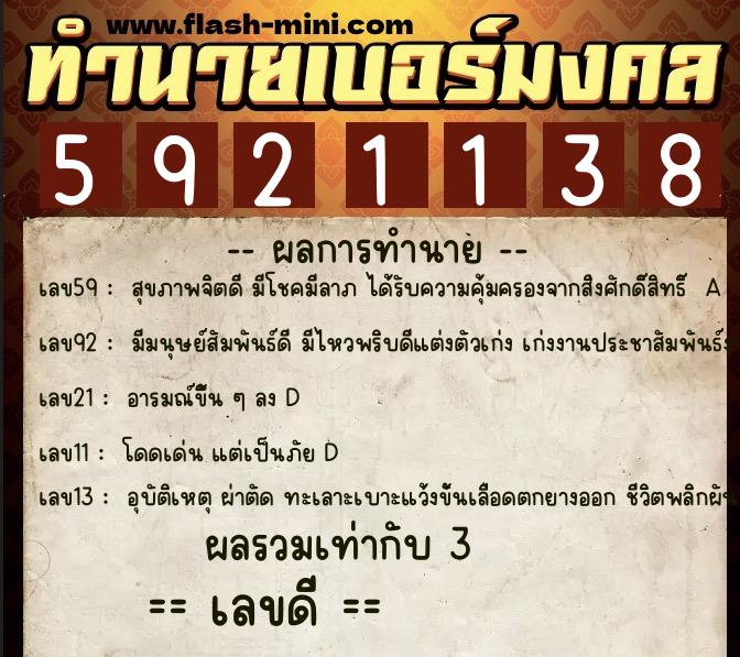 ทำนายเบอร์มงคล 0XX-5921138  ทำนายเบอร์มงคล หมายเลข 092-592113 