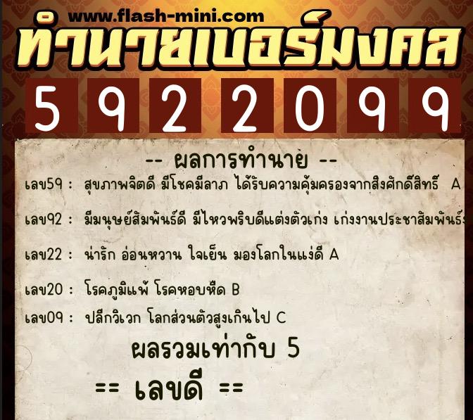 ทำนายเบอร์มงคล 0XX-5922099  ทำนายเบอร์มงคล หมายเลข 082-592209 