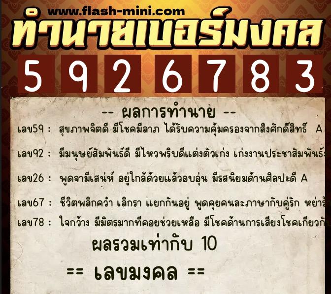 ทำนายเบอร์มงคล 0XX-5926783  ทำนายเบอร์มงคล หมายเลข 061-592678 