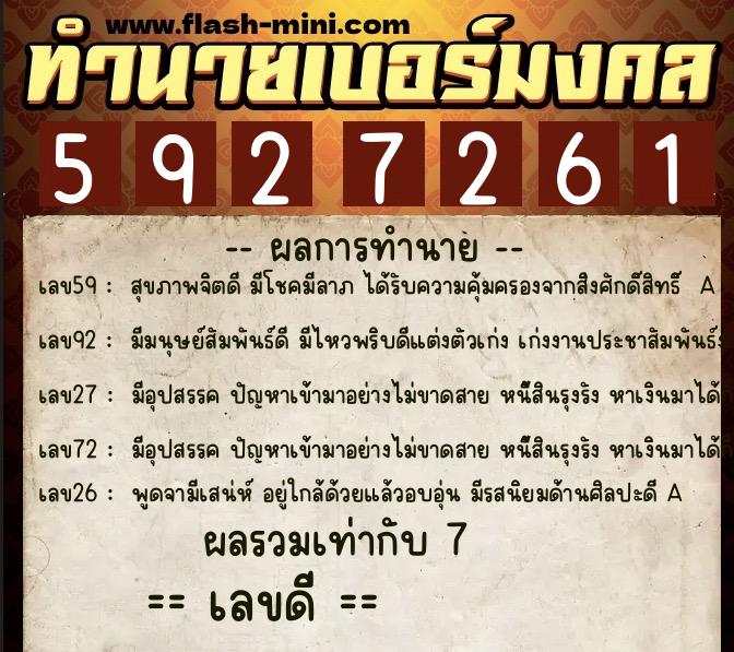 ทำนายเบอร์มงคล 0XX-5927261  ทำนายเบอร์มงคล หมายเลข 064-592726 