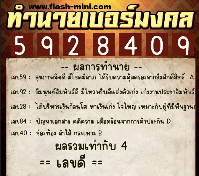 ทำนายเบอร์มงคล 0XX-5928409  ทำนายเบอร์มงคล หมายเลข 098-592840 