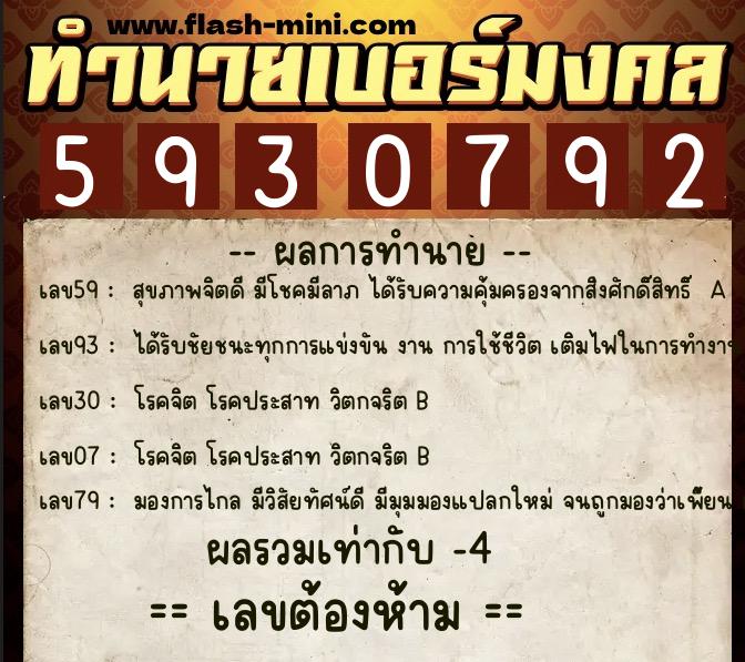 ทำนายเบอร์มงคล 0XX-5930792  ทำนายเบอร์มงคล หมายเลข 080-593079 