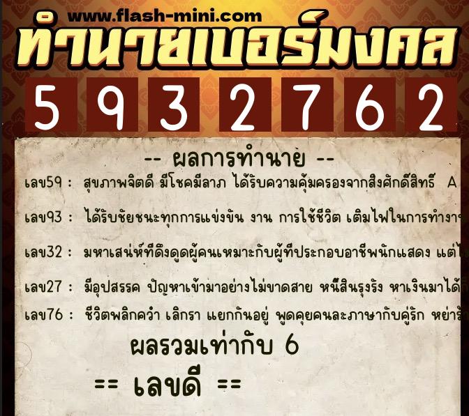 ทำนายเบอร์มงคล 0XX-5932762  ทำนายเบอร์มงคล หมายเลข 087-593276 