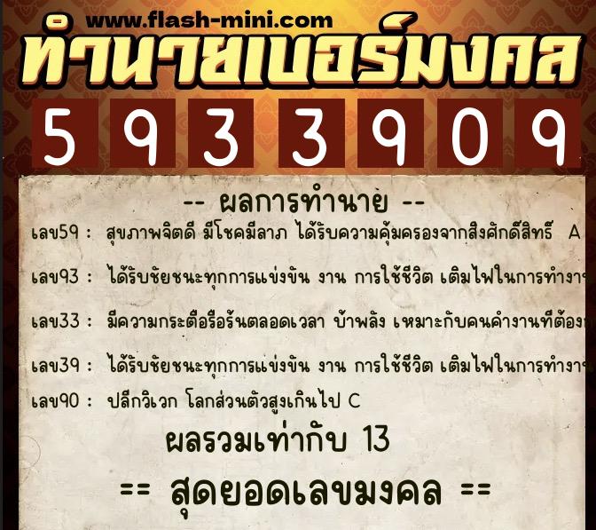 ทำนายเบอร์มงคล 0XX-5933909  ทำนายเบอร์มงคล หมายเลข 068-593390 
