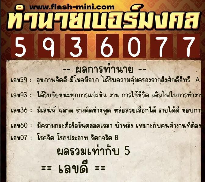 ทำนายเบอร์มงคล 0XX-5936077  ทำนายเบอร์มงคล หมายเลข 087-593607 