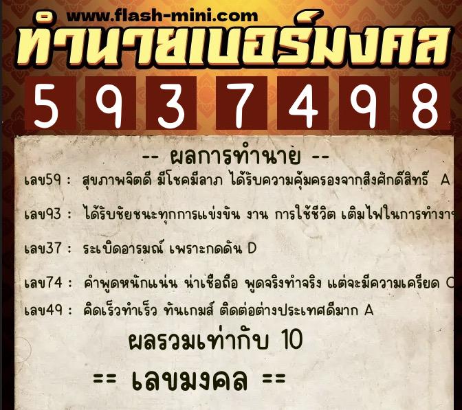 ทำนายเบอร์มงคล 0XX-5937498  ทำนายเบอร์มงคล หมายเลข 064-593749 