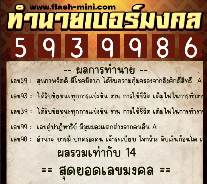 ทำนายเบอร์มงคล 0XX-5939986  ทำนายเบอร์มงคล หมายเลข 081-593998 