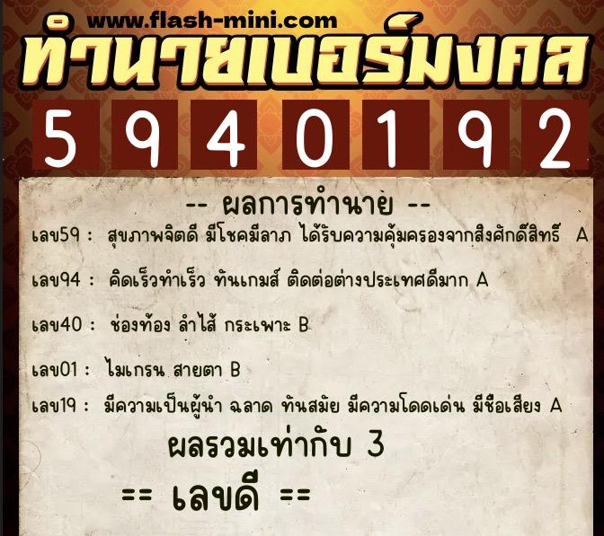ทำนายเบอร์มงคล 0XX-5940192  ทำนายเบอร์มงคล หมายเลข 099-594019 