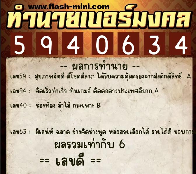 ทำนายเบอร์มงคล 0XX-5940634  ทำนายเบอร์มงคล หมายเลข 061-594063 