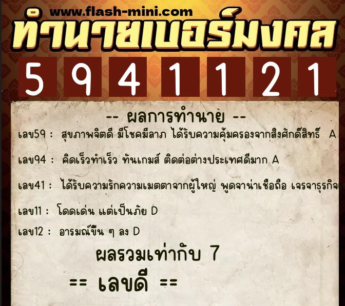 ทำนายเบอร์มงคล 0XX-5941121  ทำนายเบอร์มงคล หมายเลข 089-594112 
