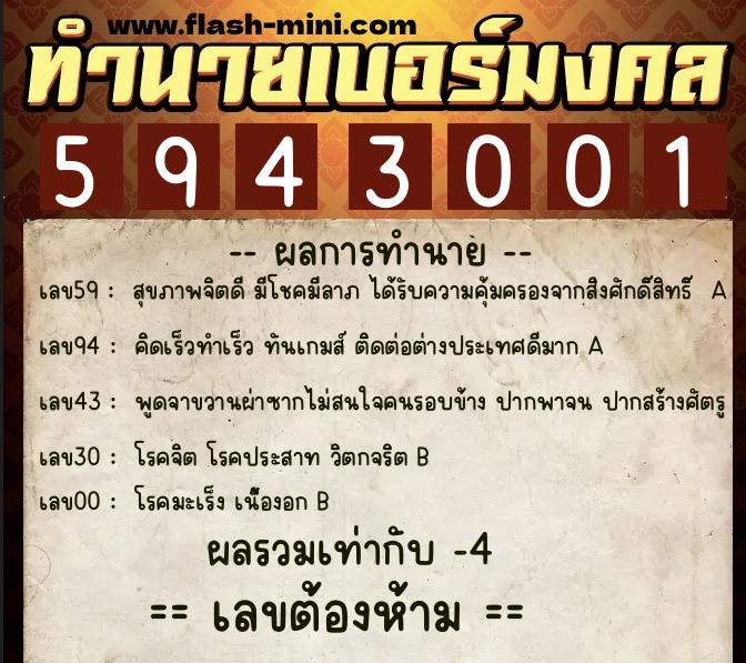 ทำนายเบอร์มงคล 0XX-5943001  ทำนายเบอร์มงคล หมายเลข 067-594300 